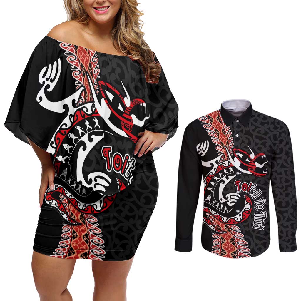 Aotearoa Toitu Te Tiriti Couples Matching Off Shoulder Short Dress and Long Sleeve Button Shirt Maori Taniwha Haka - Honour the Treaty LT03 Black - Polynesian Pride