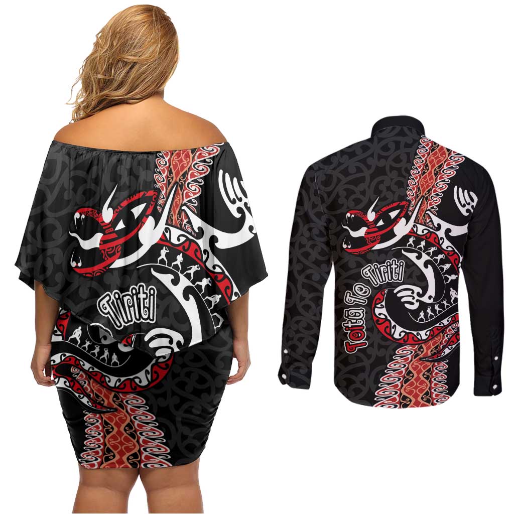 Aotearoa Toitu Te Tiriti Couples Matching Off Shoulder Short Dress and Long Sleeve Button Shirt Maori Taniwha Haka - Honour the Treaty LT03 - Polynesian Pride