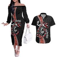 Aotearoa Toitu Te Tiriti Couples Matching Off The Shoulder Long Sleeve Dress and Hawaiian Shirt Maori Taniwha Haka - Honour the Treaty LT03 Black - Polynesian Pride