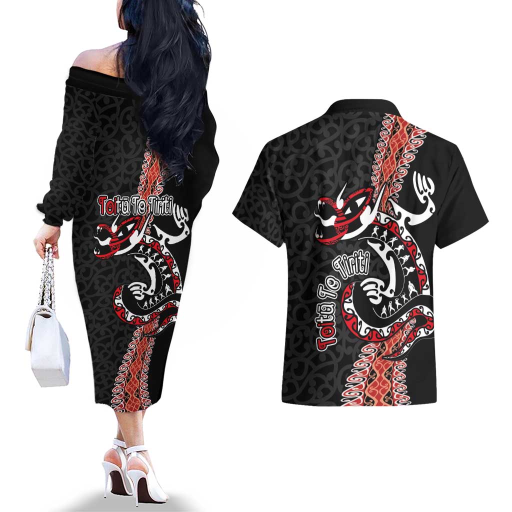 Aotearoa Toitu Te Tiriti Couples Matching Off The Shoulder Long Sleeve Dress and Hawaiian Shirt Maori Taniwha Haka - Honour the Treaty LT03 - Polynesian Pride