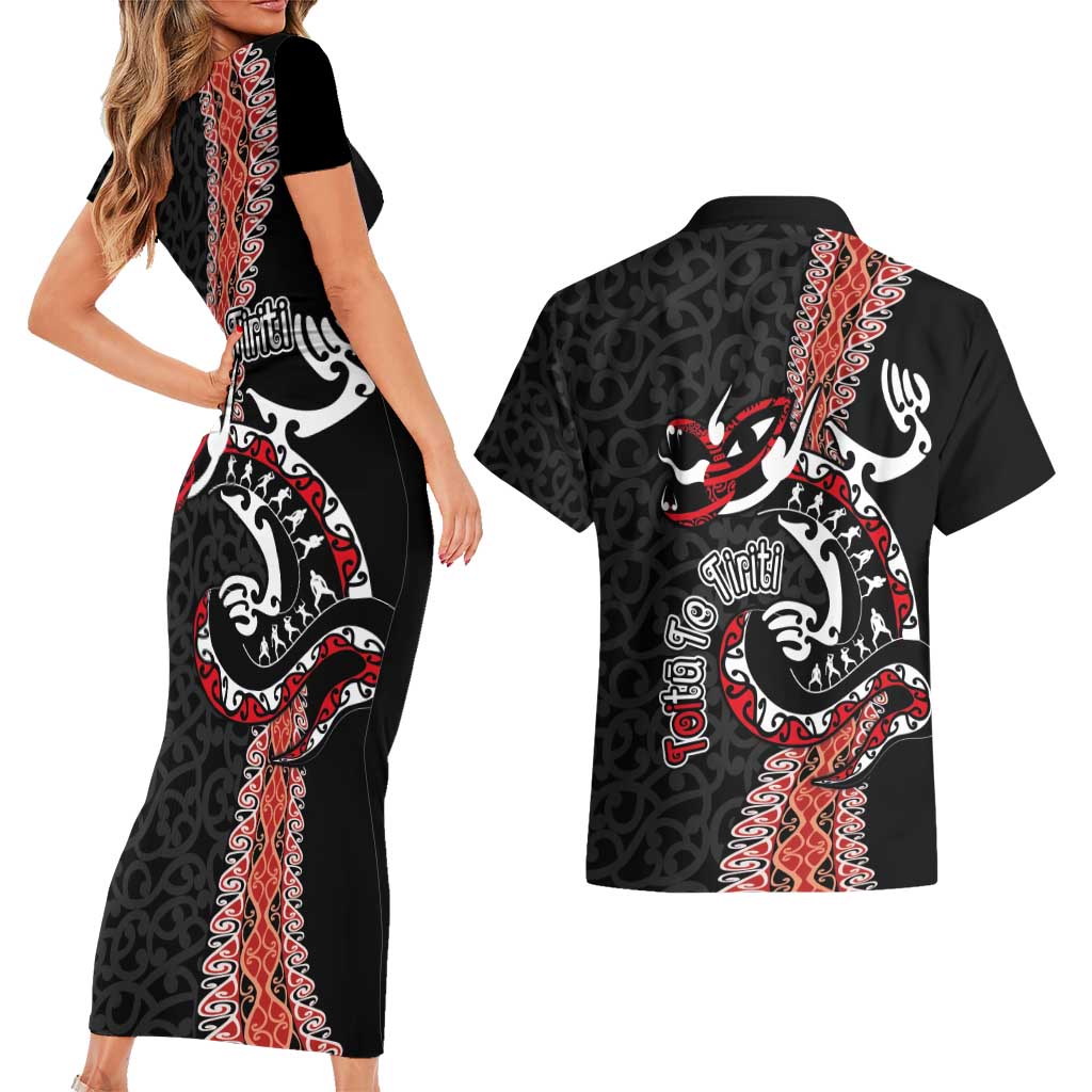 Aotearoa Toitu Te Tiriti Couples Matching Short Sleeve Bodycon Dress and Hawaiian Shirt Maori Taniwha Haka - Honour the Treaty LT03 - Polynesian Pride