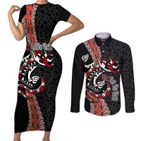Aotearoa Toitu Te Tiriti Couples Matching Short Sleeve Bodycon Dress and Long Sleeve Button Shirt Maori Taniwha Haka - Honour the Treaty LT03 Black - Polynesian Pride