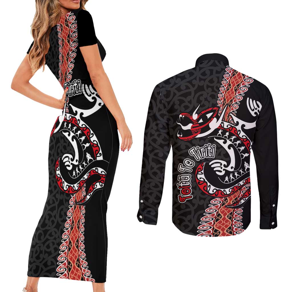 Aotearoa Toitu Te Tiriti Couples Matching Short Sleeve Bodycon Dress and Long Sleeve Button Shirt Maori Taniwha Haka - Honour the Treaty LT03 - Polynesian Pride
