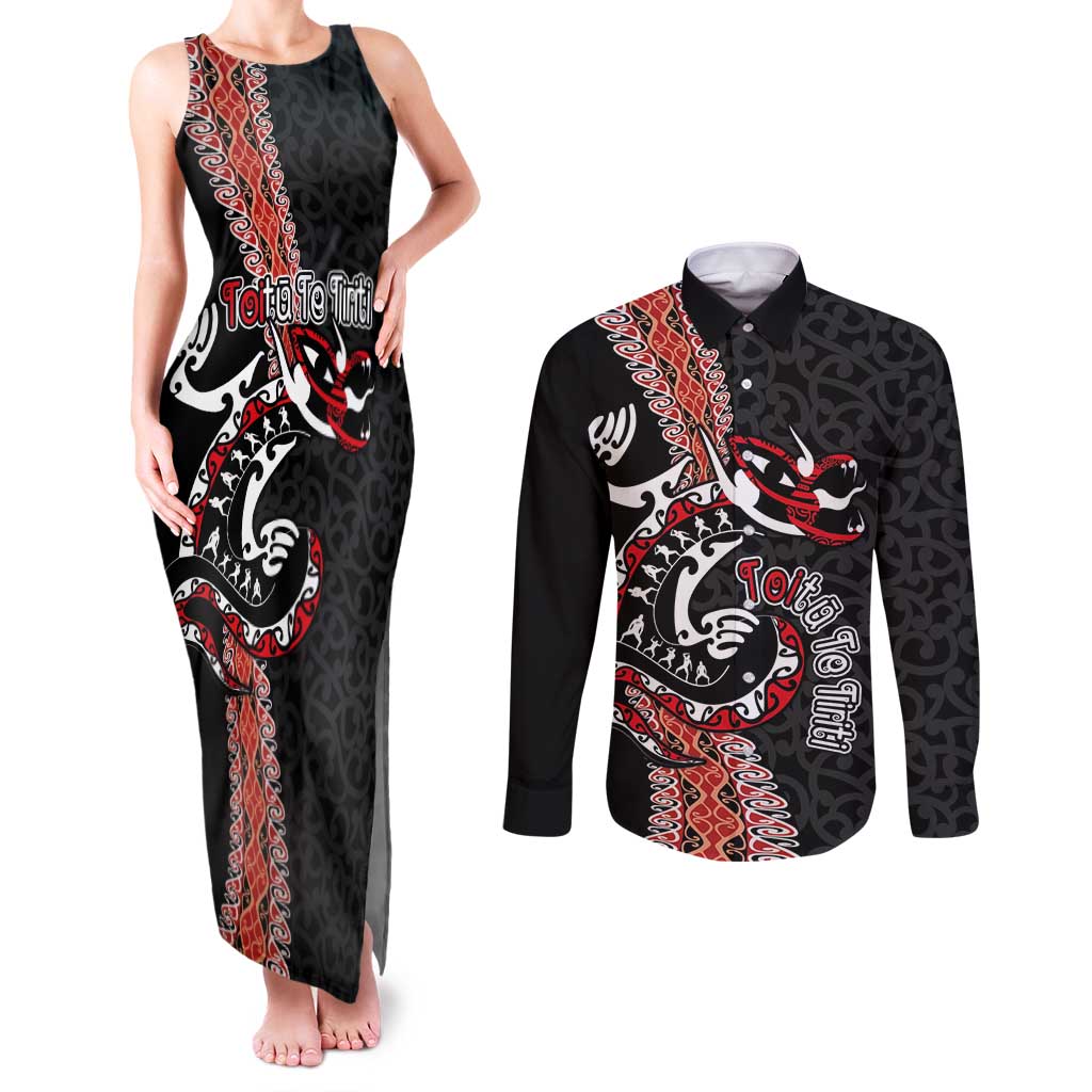 Aotearoa Toitu Te Tiriti Couples Matching Tank Maxi Dress and Long Sleeve Button Shirt Maori Taniwha Haka - Honour the Treaty LT03