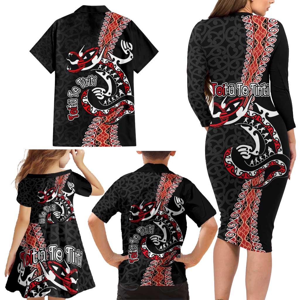 Aotearoa Toitu Te Tiriti Family Matching Long Sleeve Bodycon Dress and Hawaiian Shirt Maori Taniwha Haka - Honour the Treaty LT03 - Polynesian Pride