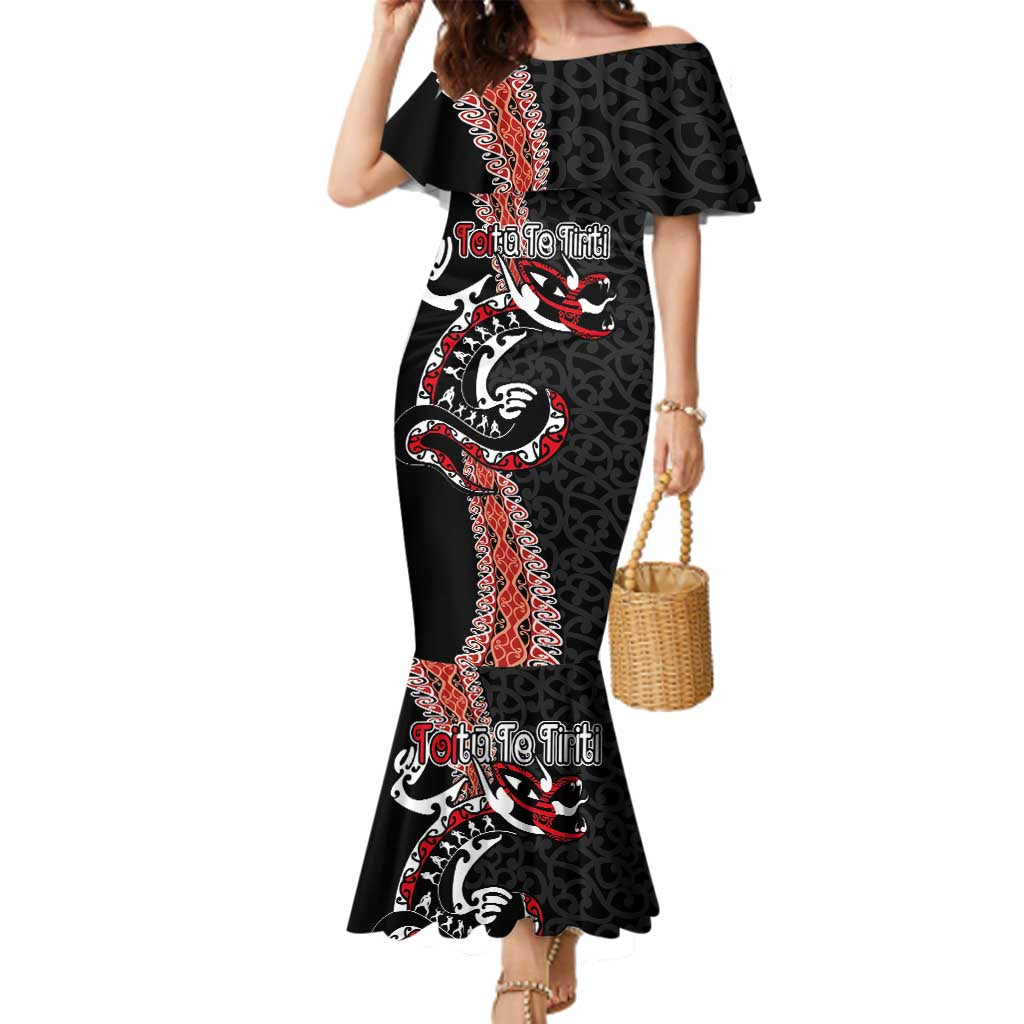 Aotearoa Toitu Te Tiriti Family Matching Mermaid Dress and Hawaiian Shirt Maori Taniwha Haka - Honour the Treaty LT03 Mom's Dress Black - Polynesian Pride