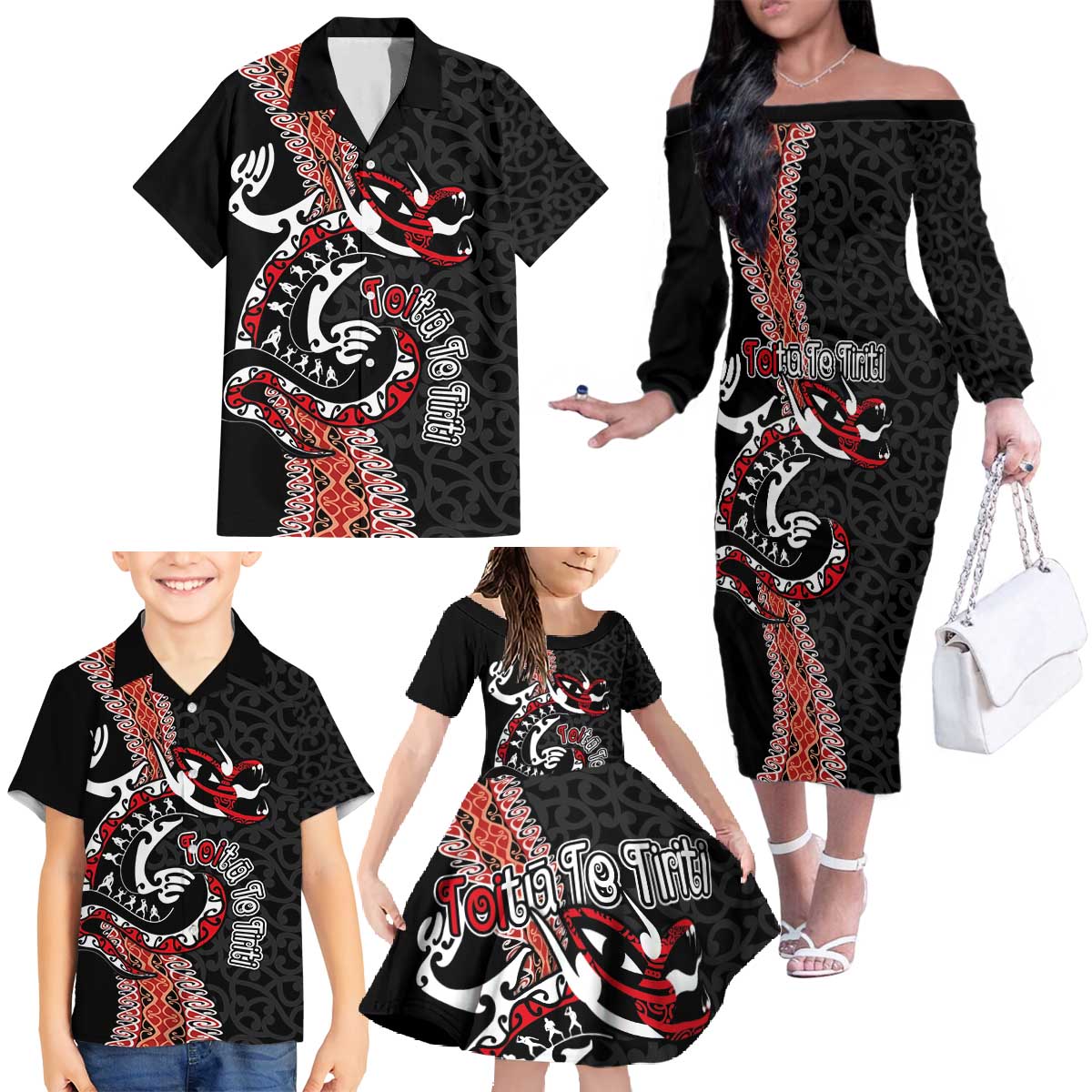 Aotearoa Toitu Te Tiriti Family Matching Off The Shoulder Long Sleeve Dress and Hawaiian Shirt Maori Taniwha Haka - Honour the Treaty LT03 - Polynesian Pride