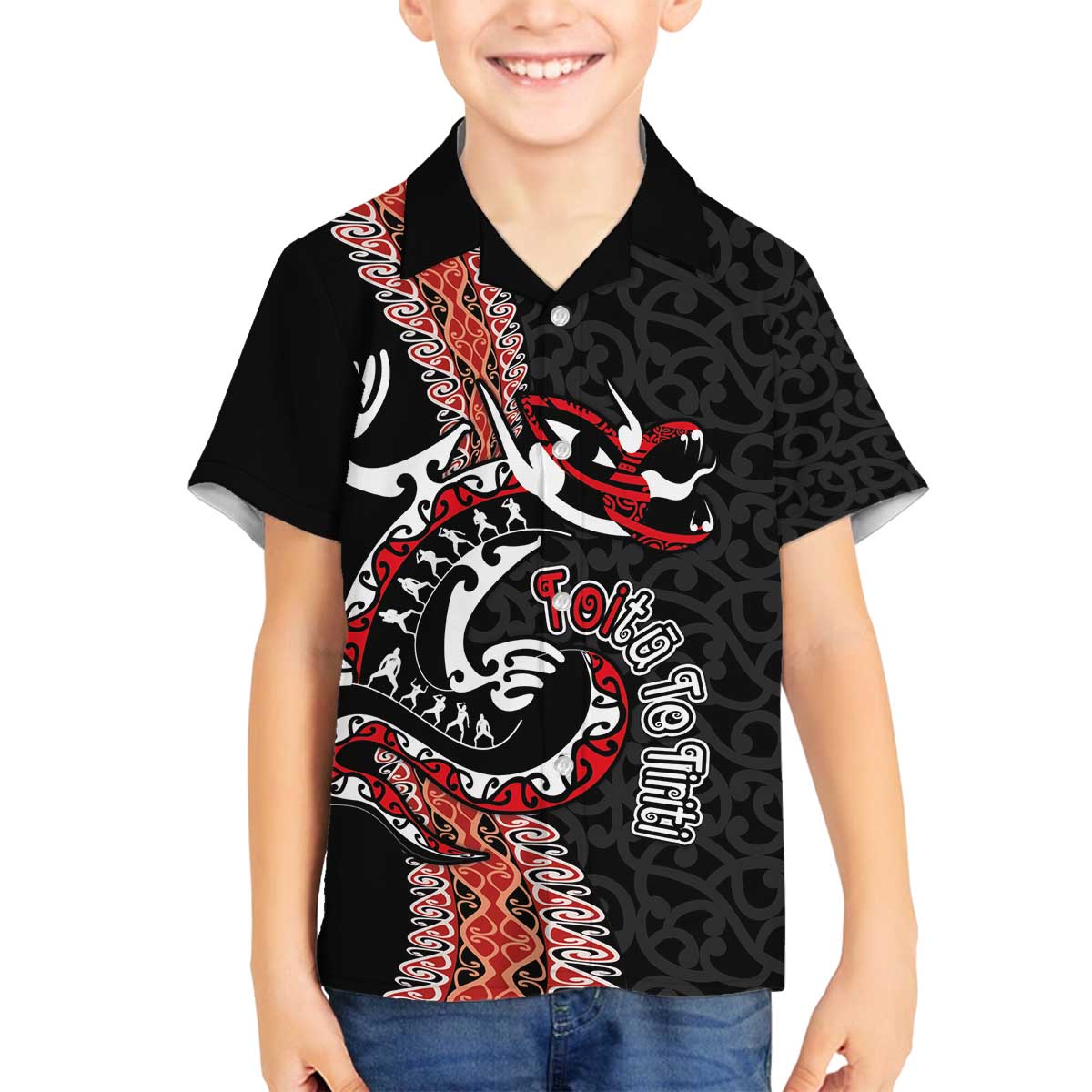 Aotearoa Toitu Te Tiriti Family Matching Off The Shoulder Long Sleeve Dress and Hawaiian Shirt Maori Taniwha Haka - Honour the Treaty LT03 Son's Shirt Black - Polynesian Pride