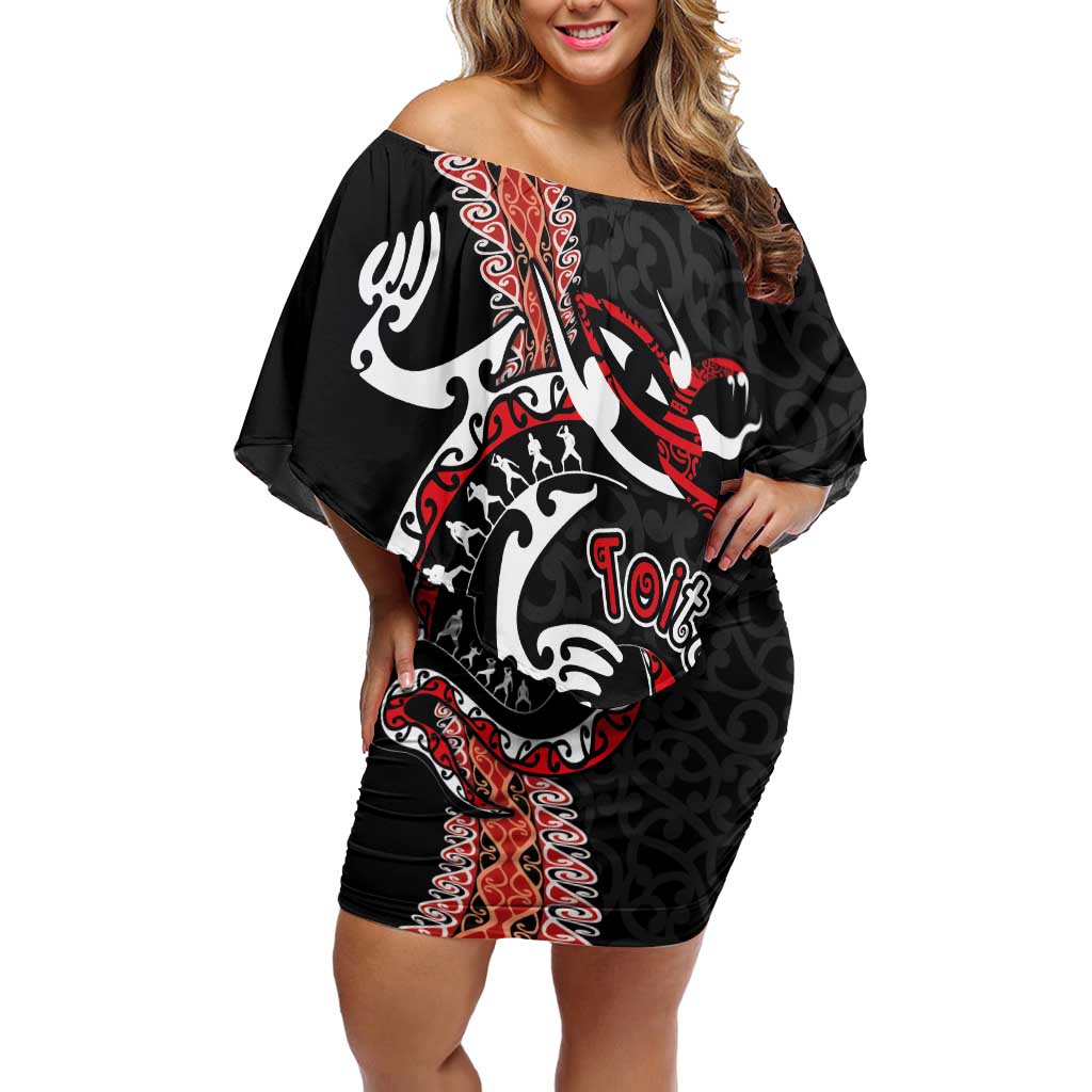 Aotearoa Toitu Te Tiriti Family Matching Off Shoulder Short Dress and Hawaiian Shirt Maori Taniwha Haka - Honour the Treaty LT03 Mom's Dress Black - Polynesian Pride