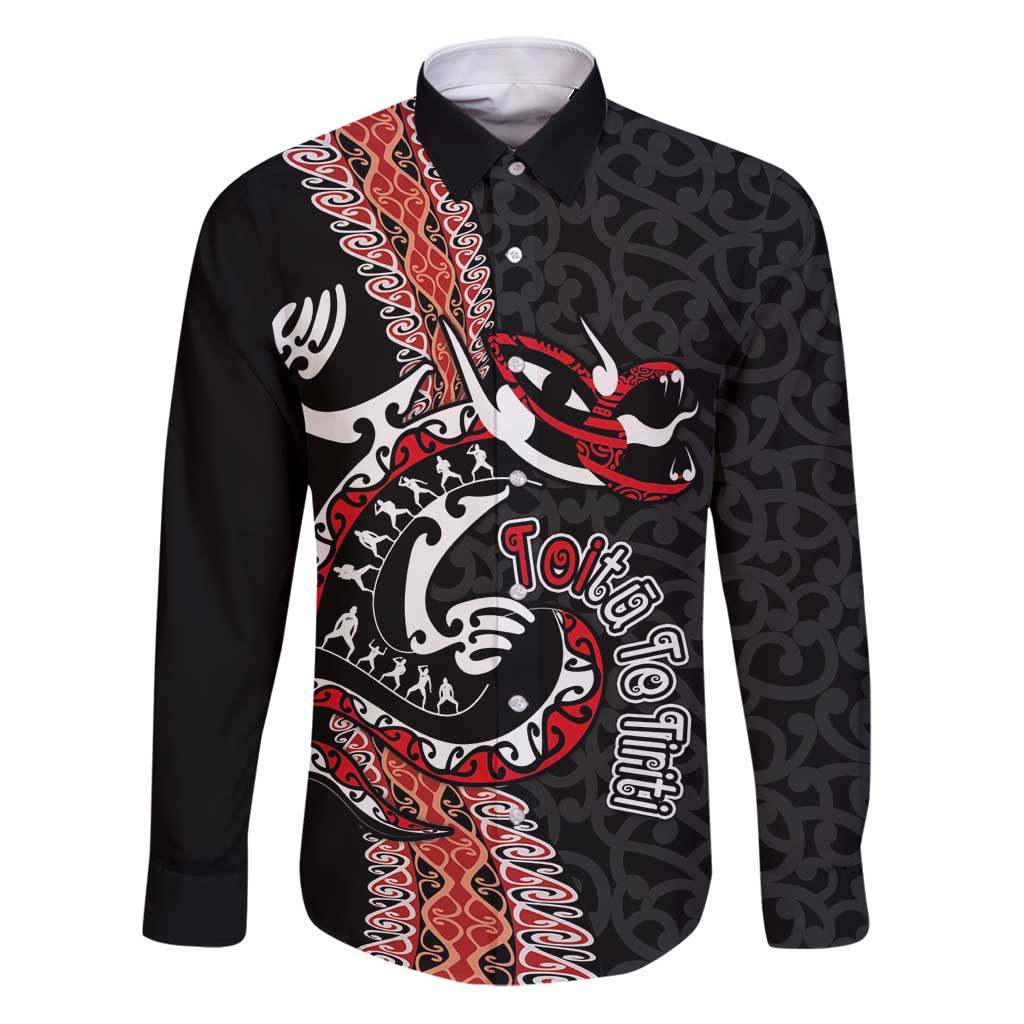 Aotearoa Toitu Te Tiriti Family Matching Puletasi and Hawaiian Shirt Maori Taniwha Haka - Honour the Treaty LT03 Dad's Shirt - Long Sleeve Black - Polynesian Pride