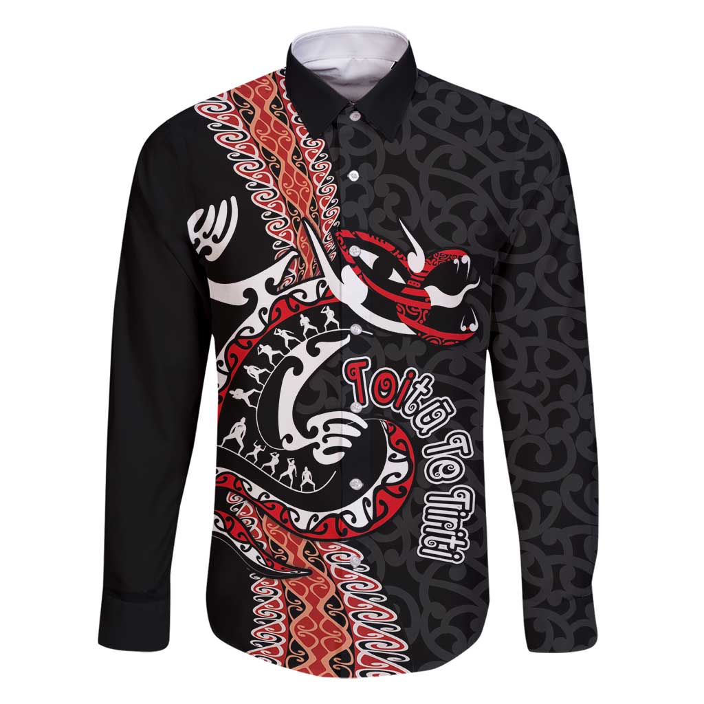 Aotearoa Toitu Te Tiriti Family Matching Tank Maxi Dress and Hawaiian Shirt Maori Taniwha Haka - Honour the Treaty LT03 Dad's Shirt - Long Sleeve Black - Polynesian Pride
