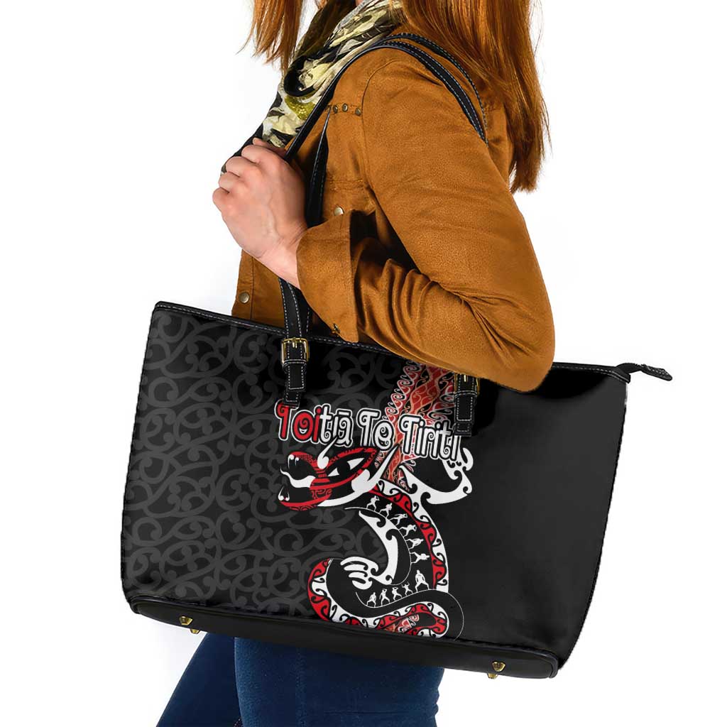 Aotearoa Toitu Te Tiriti Leather Tote Bag Maori Taniwha Haka - Honour the Treaty LT03 Black - Polynesian Pride
