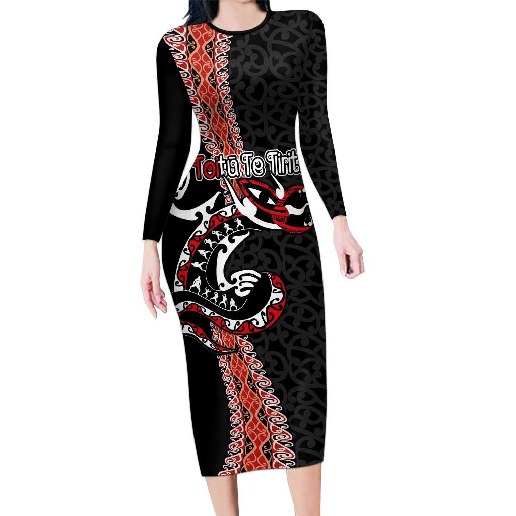 Aotearoa Toitu Te Tiriti Long Sleeve Bodycon Dress Maori Taniwha Haka - Honour the Treaty LT03 Long Dress Black - Polynesian Pride