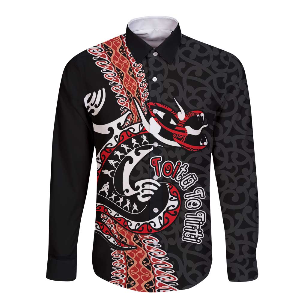 Aotearoa Toitu Te Tiriti Long Sleeve Button Shirt Maori Taniwha Haka - Honour the Treaty LT03 Unisex Black - Polynesian Pride