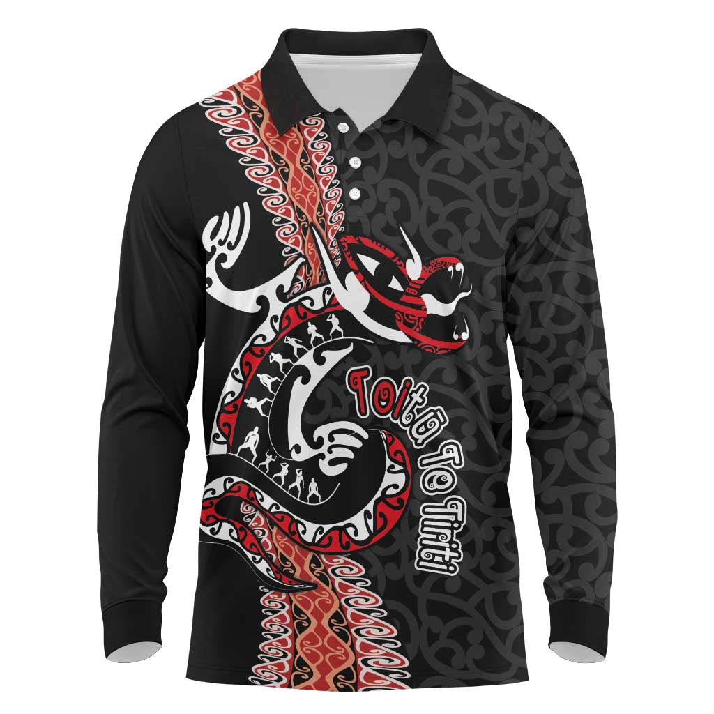 Aotearoa Toitu Te Tiriti Long Sleeve Polo Shirt Maori Taniwha Haka - Honour the Treaty LT03 Black - Polynesian Pride