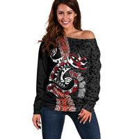 Aotearoa Toitu Te Tiriti Off Shoulder Sweater Maori Taniwha Haka - Honour the Treaty LT03 Women Black - Polynesian Pride