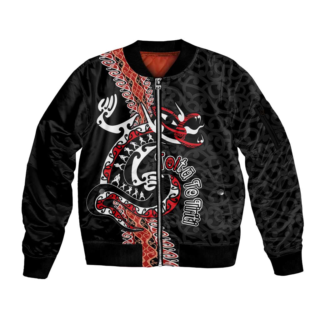 Aotearoa Toitu Te Tiriti Sleeve Zip Bomber Jacket Maori Taniwha Haka - Honour the Treaty LT03 Unisex Black - Polynesian Pride