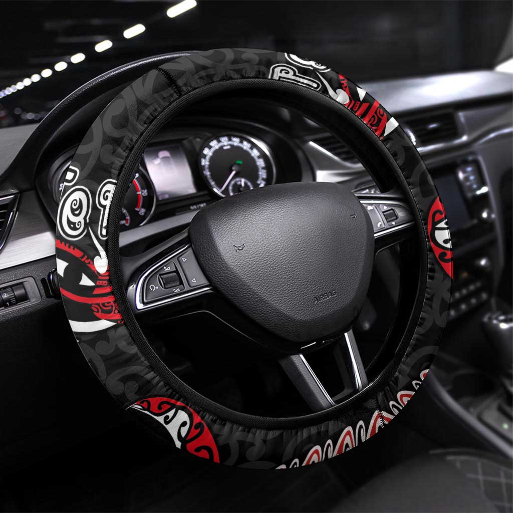 Aotearoa Toitu Te Tiriti Steering Wheel Cover Maori Taniwha Haka - Honour the Treaty LT03 Universal Fit Black - Polynesian Pride