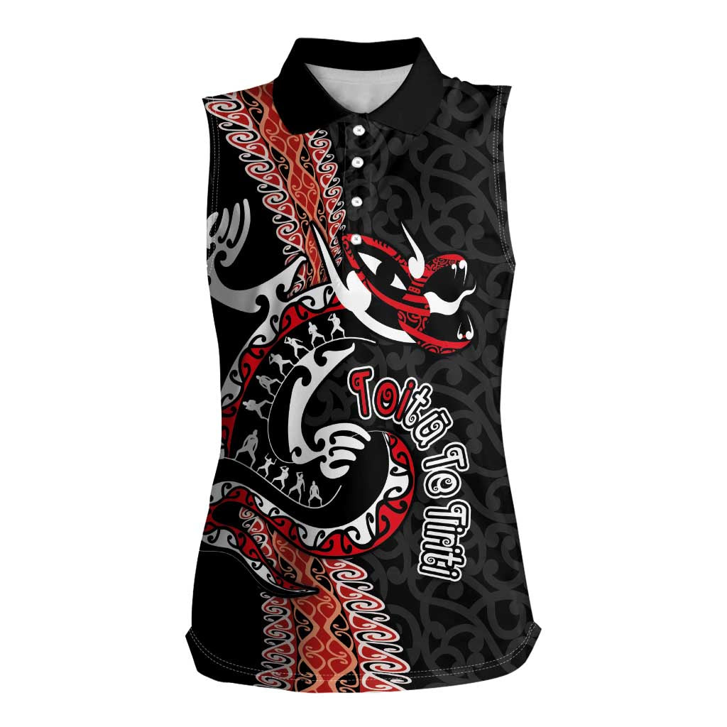 Aotearoa Toitu Te Tiriti Women Sleeveless Polo Shirt Maori Taniwha Haka - Honour the Treaty LT03 Female Black - Polynesian Pride