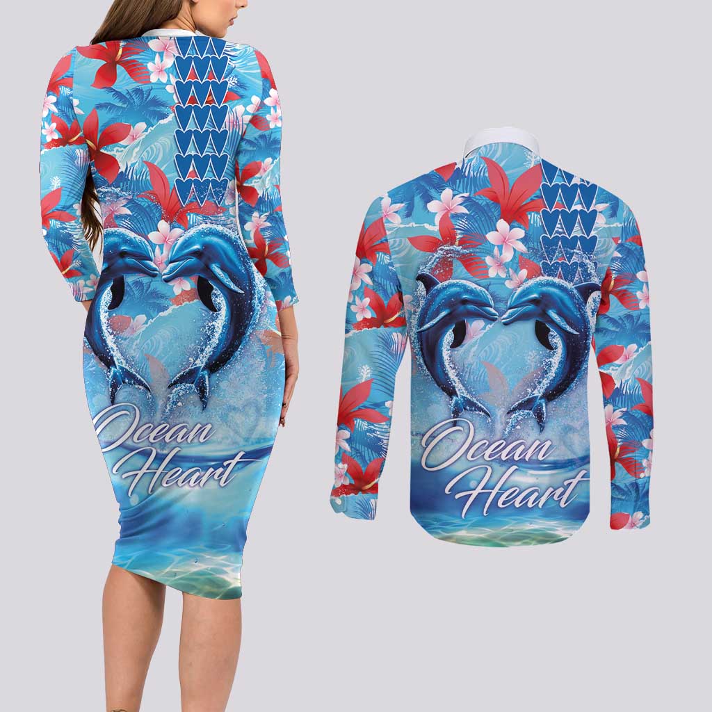 Hawaiian Dolphin Love Couple - Ocean Heart Couples Matching Long Sleeve Bodycon Dress and Long Sleeve Button Shirt LT03 - Polynesian Pride
