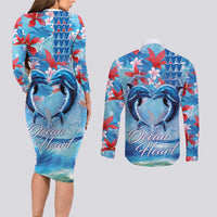 Hawaiian Dolphin Love Couple - Ocean Heart Couples Matching Long Sleeve Bodycon Dress and Long Sleeve Button Shirt LT03 - Polynesian Pride