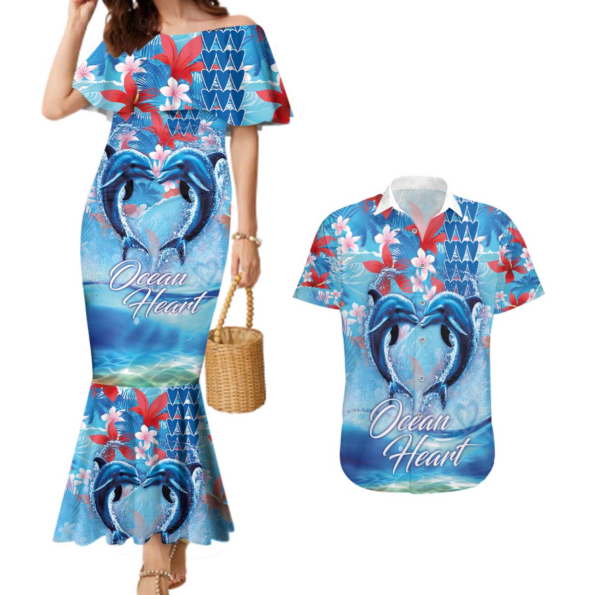 Hawaiian Dolphin Love Couple - Ocean Heart Couples Matching Mermaid Dress and Hawaiian Shirt LT03 Blue - Polynesian Pride