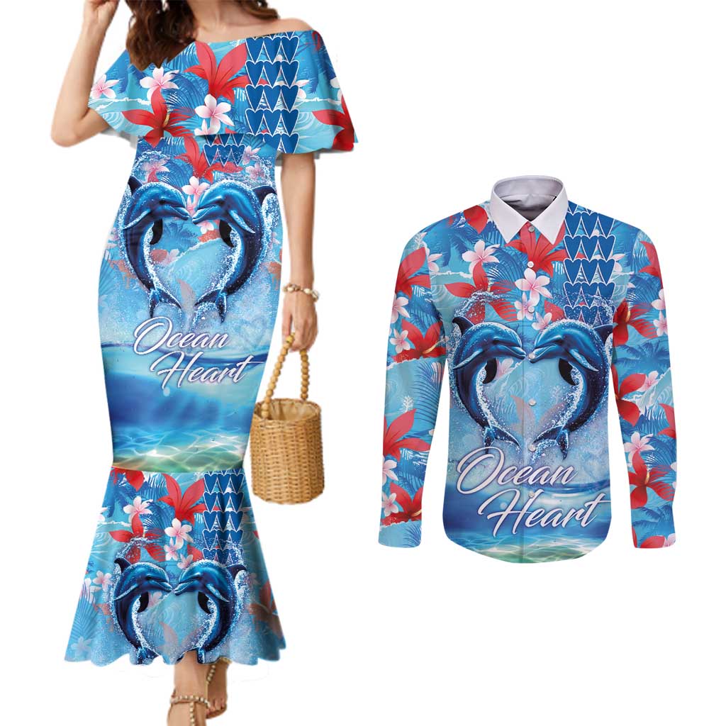 Hawaiian Dolphin Love Couple - Ocean Heart Couples Matching Mermaid Dress and Long Sleeve Button Shirt LT03 Blue - Polynesian Pride