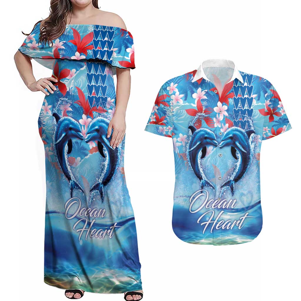 Hawaiian Dolphin Love Couple - Ocean Heart Couples Matching Off Shoulder Maxi Dress and Hawaiian Shirt LT03 Blue - Polynesian Pride