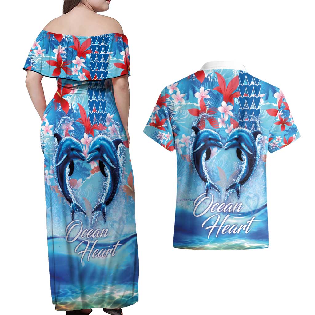 Hawaiian Dolphin Love Couple - Ocean Heart Couples Matching Off Shoulder Maxi Dress and Hawaiian Shirt LT03 - Polynesian Pride