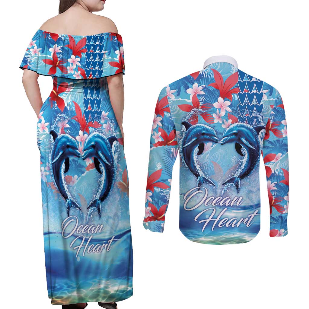Hawaiian Dolphin Love Couple - Ocean Heart Couples Matching Off Shoulder Maxi Dress and Long Sleeve Button Shirt LT03 - Polynesian Pride