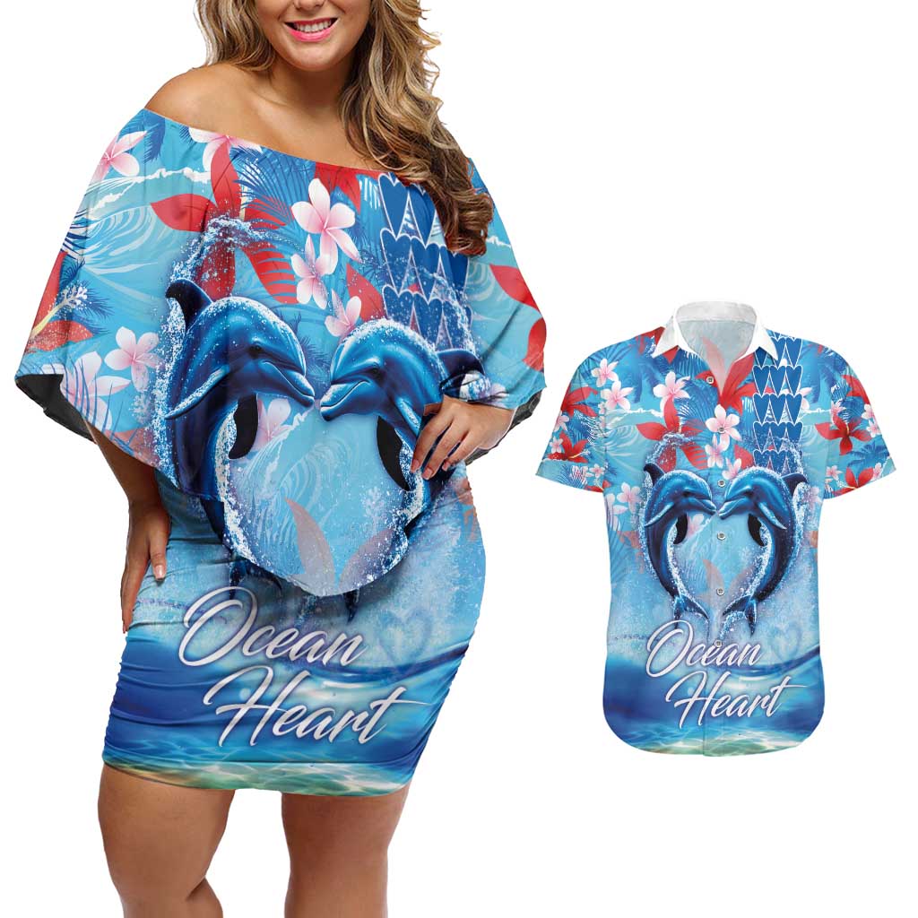 Hawaiian Dolphin Love Couple - Ocean Heart Couples Matching Off Shoulder Short Dress and Hawaiian Shirt LT03 Blue - Polynesian Pride