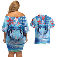 Hawaiian Dolphin Love Couple - Ocean Heart Couples Matching Off Shoulder Short Dress and Hawaiian Shirt LT03 - Polynesian Pride