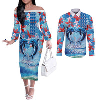 Hawaiian Dolphin Love Couple - Ocean Heart Couples Matching Off The Shoulder Long Sleeve Dress and Long Sleeve Button Shirt LT03 Blue - Polynesian Pride