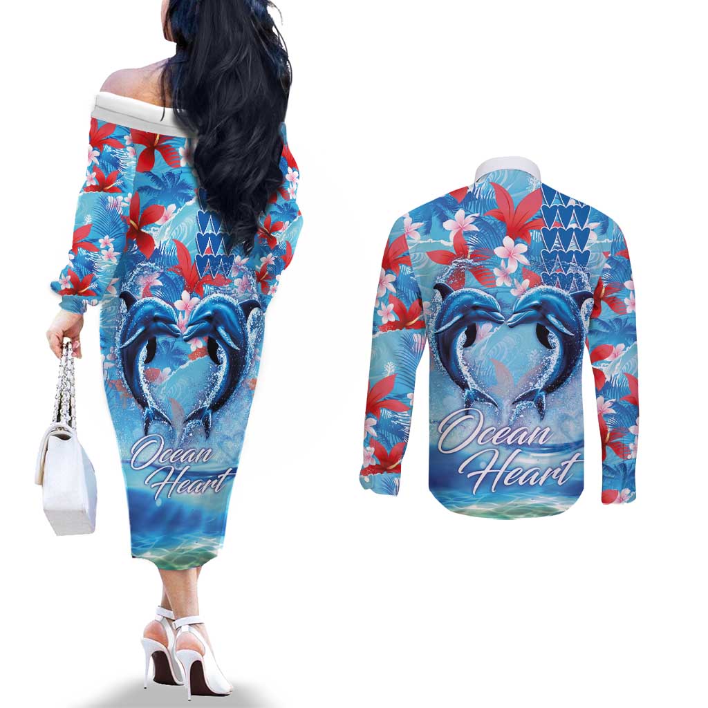 Hawaiian Dolphin Love Couple - Ocean Heart Couples Matching Off The Shoulder Long Sleeve Dress and Long Sleeve Button Shirt LT03 - Polynesian Pride