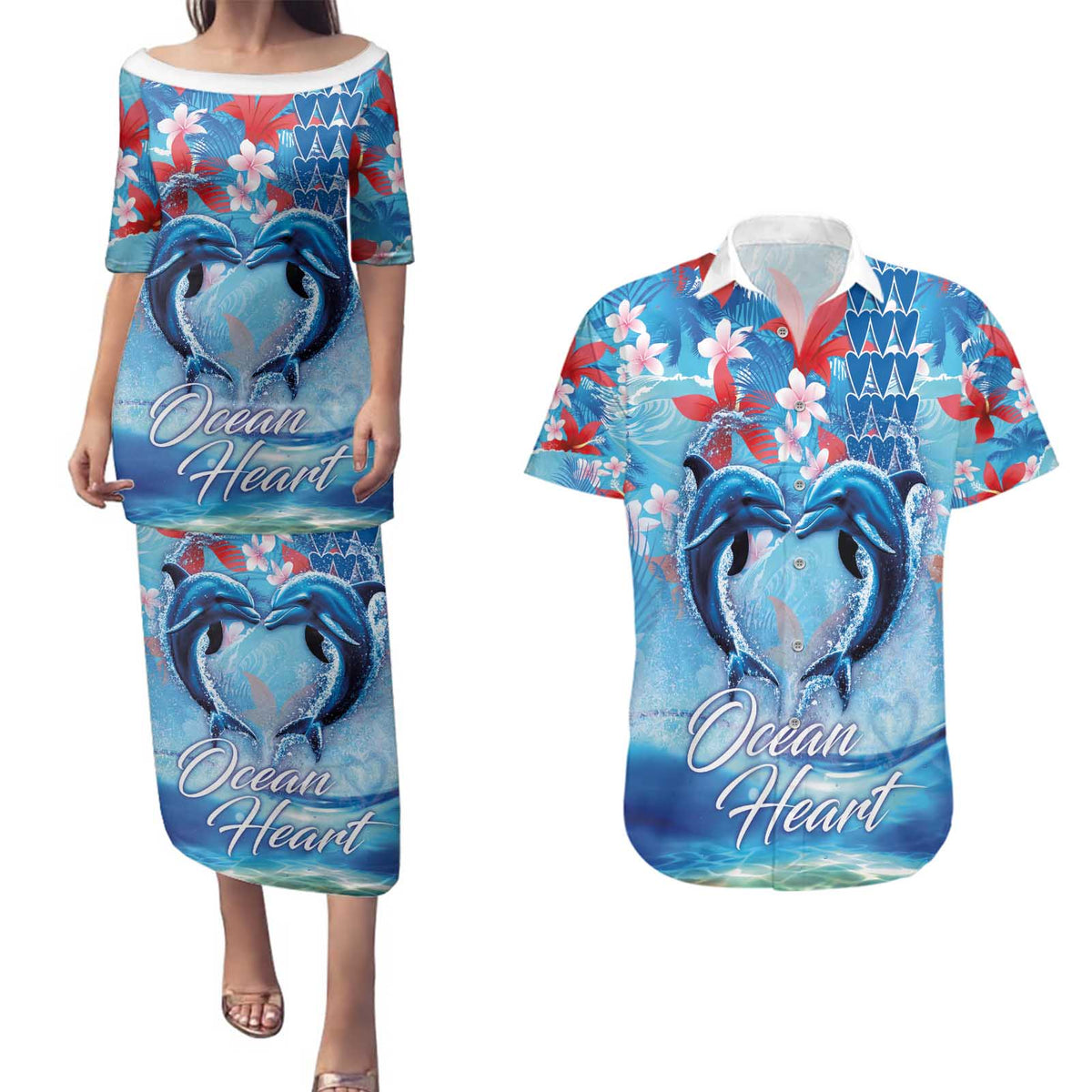 Hawaiian Dolphin Love Couple - Ocean Heart Couples Matching Puletasi and Hawaiian Shirt LT03 Blue - Polynesian Pride