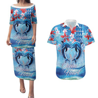 Hawaiian Dolphin Love Couple - Ocean Heart Couples Matching Puletasi and Hawaiian Shirt LT03 Blue - Polynesian Pride
