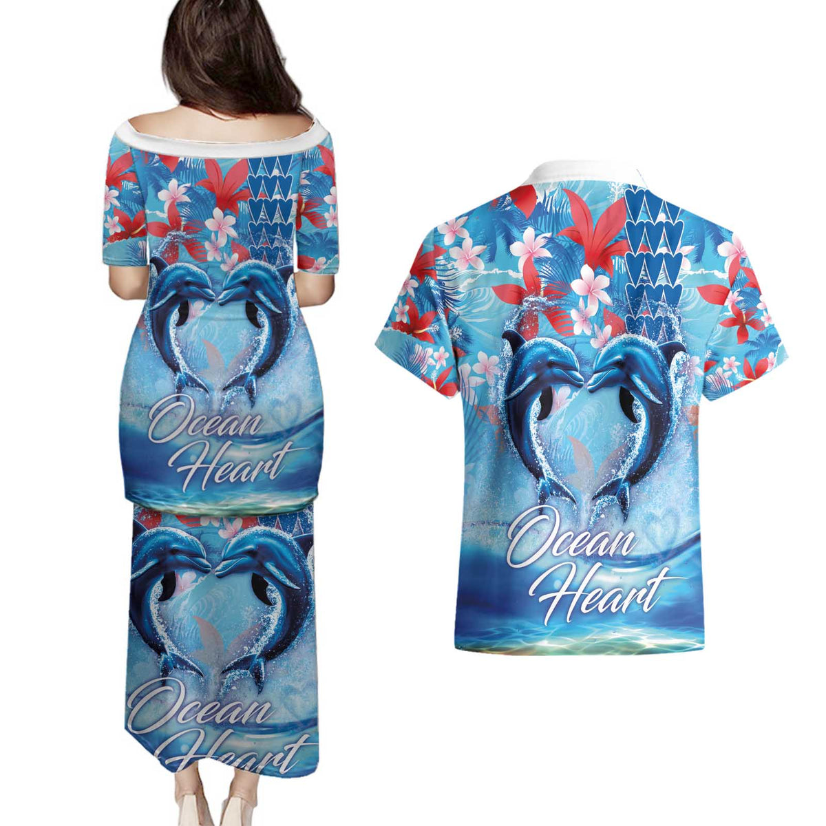 Hawaiian Dolphin Love Couple - Ocean Heart Couples Matching Puletasi and Hawaiian Shirt LT03 - Polynesian Pride