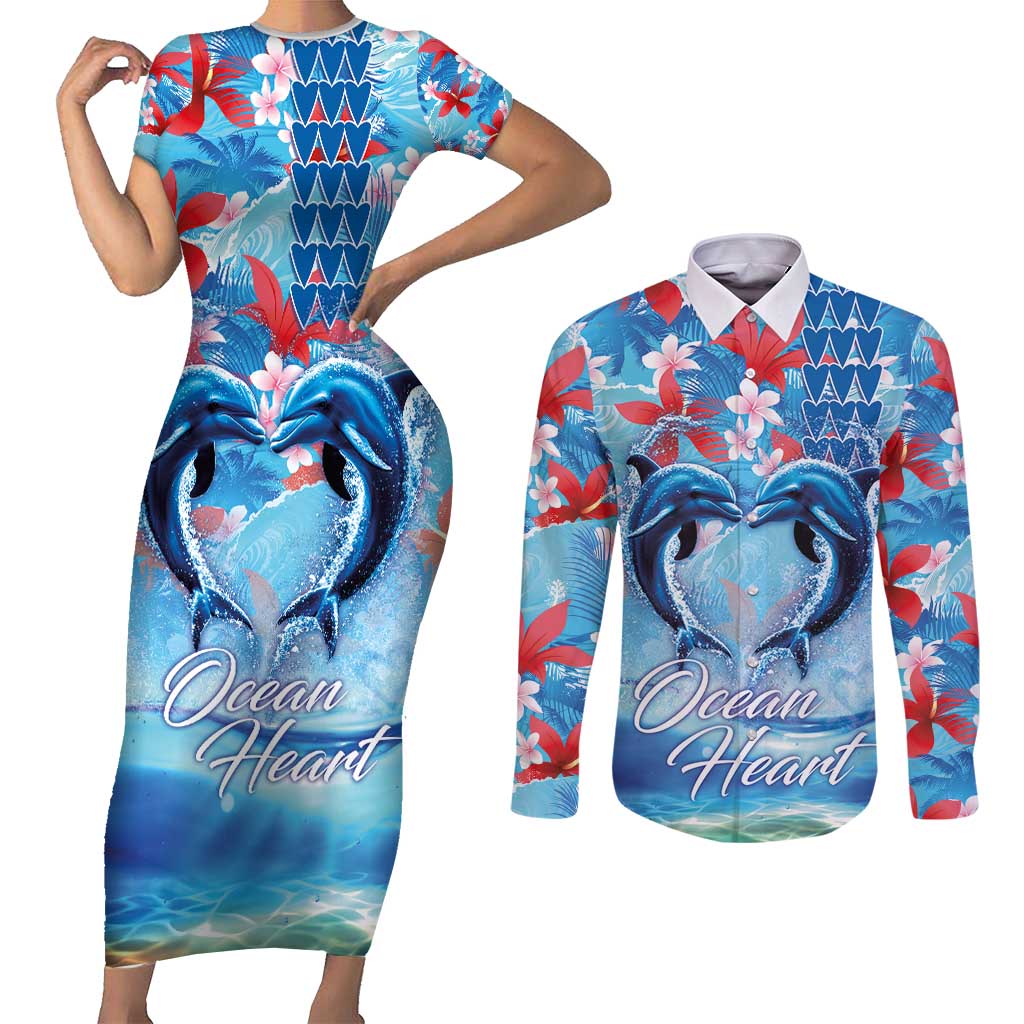 Hawaiian Dolphin Love Couple - Ocean Heart Couples Matching Short Sleeve Bodycon Dress and Long Sleeve Button Shirt LT03 Blue - Polynesian Pride