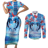 Hawaiian Dolphin Love Couple - Ocean Heart Couples Matching Short Sleeve Bodycon Dress and Long Sleeve Button Shirt LT03 Blue - Polynesian Pride