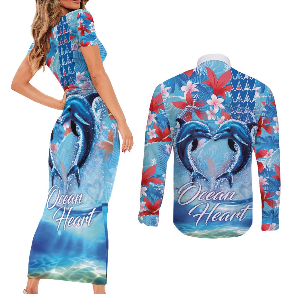 Hawaiian Dolphin Love Couple - Ocean Heart Couples Matching Short Sleeve Bodycon Dress and Long Sleeve Button Shirt LT03 - Polynesian Pride