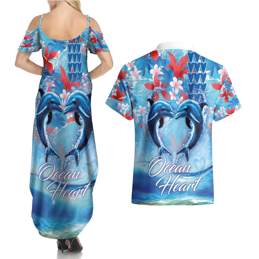 Hawaiian Dolphin Love Couple - Ocean Heart Couples Matching Summer Maxi Dress and Hawaiian Shirt LT03 - Polynesian Pride