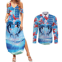 Hawaiian Dolphin Love Couple - Ocean Heart Couples Matching Summer Maxi Dress and Long Sleeve Button Shirt LT03 Blue - Polynesian Pride
