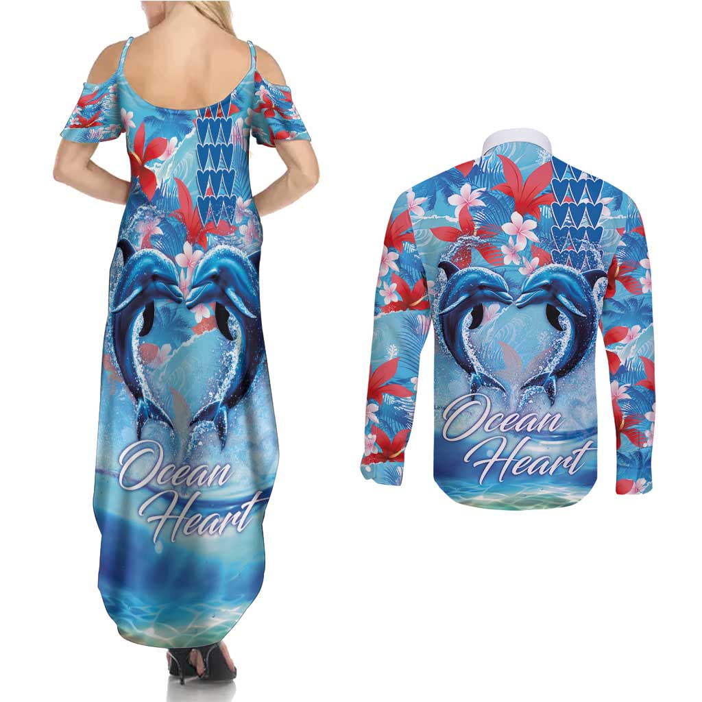 Hawaiian Dolphin Love Couple - Ocean Heart Couples Matching Summer Maxi Dress and Long Sleeve Button Shirt LT03 - Polynesian Pride