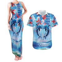 Hawaiian Dolphin Love Couple - Ocean Heart Couples Matching Tank Maxi Dress and Hawaiian Shirt LT03 Blue - Polynesian Pride