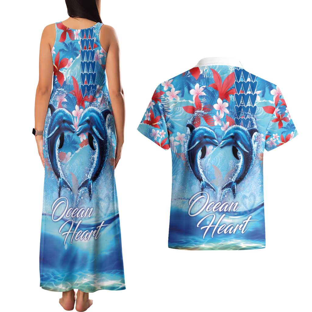 Hawaiian Dolphin Love Couple - Ocean Heart Couples Matching Tank Maxi Dress and Hawaiian Shirt LT03 - Polynesian Pride