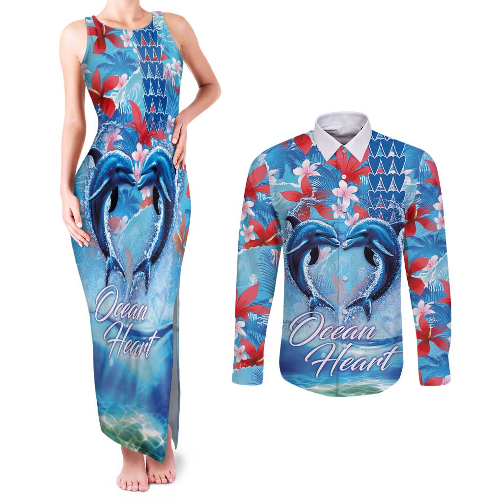 Hawaiian Dolphin Love Couple - Ocean Heart Couples Matching Tank Maxi Dress and Long Sleeve Button Shirt LT03 Blue - Polynesian Pride