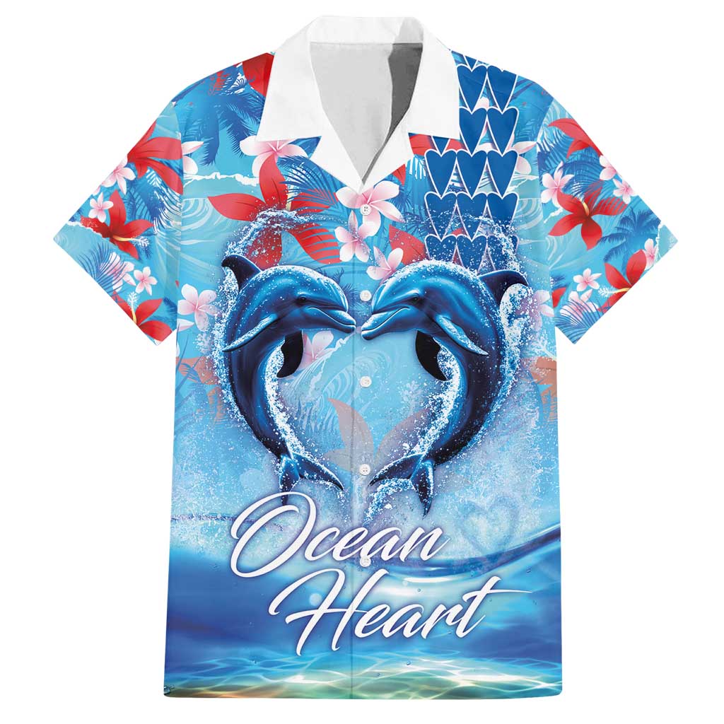 Hawaiian Dolphin Love Couple - Ocean Heart Family Matching Long Sleeve Bodycon Dress and Hawaiian Shirt LT03 Dad's Shirt - Short Sleeve Blue - Polynesian Pride