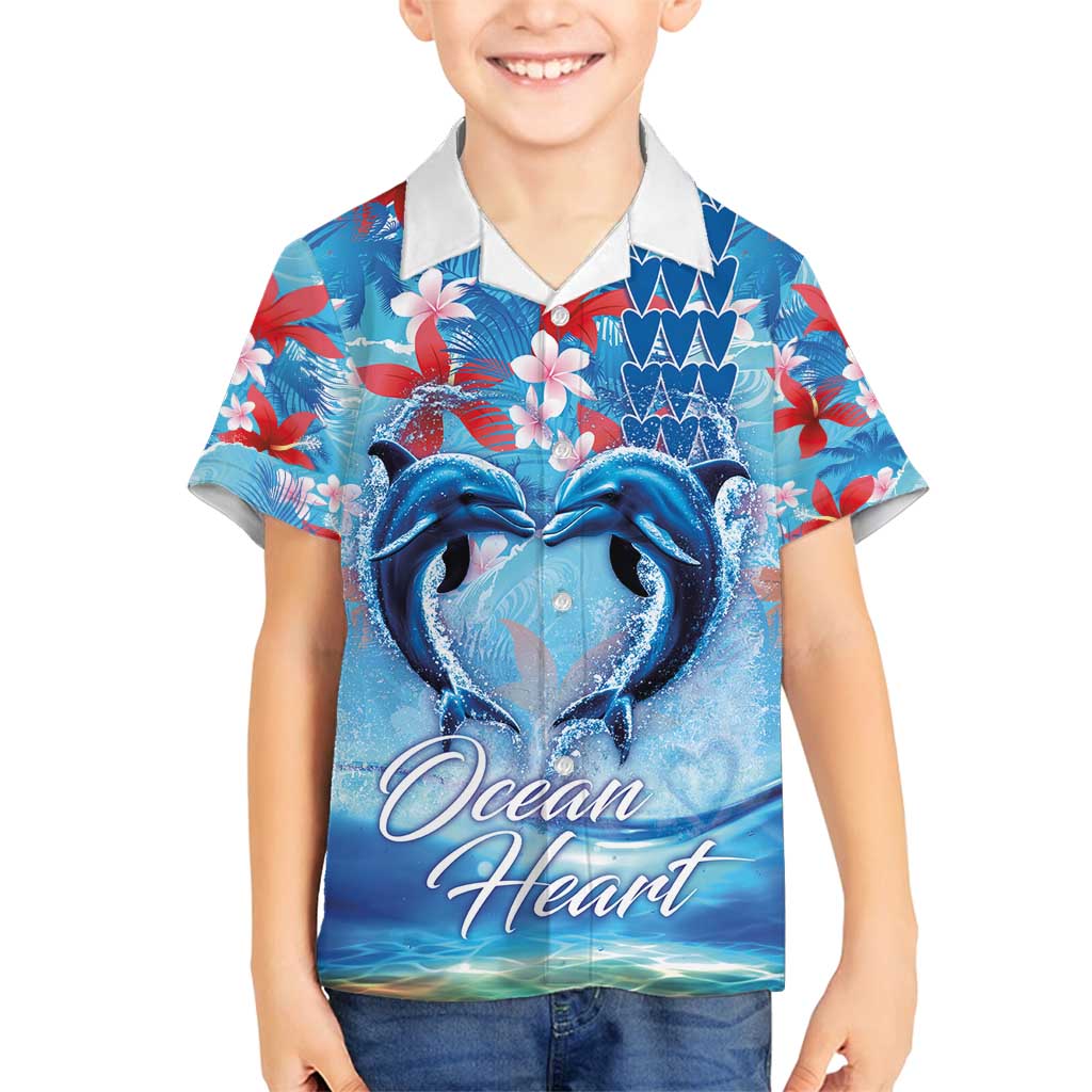 Hawaiian Dolphin Love Couple - Ocean Heart Family Matching Long Sleeve Bodycon Dress and Hawaiian Shirt LT03 Son's Shirt Blue - Polynesian Pride