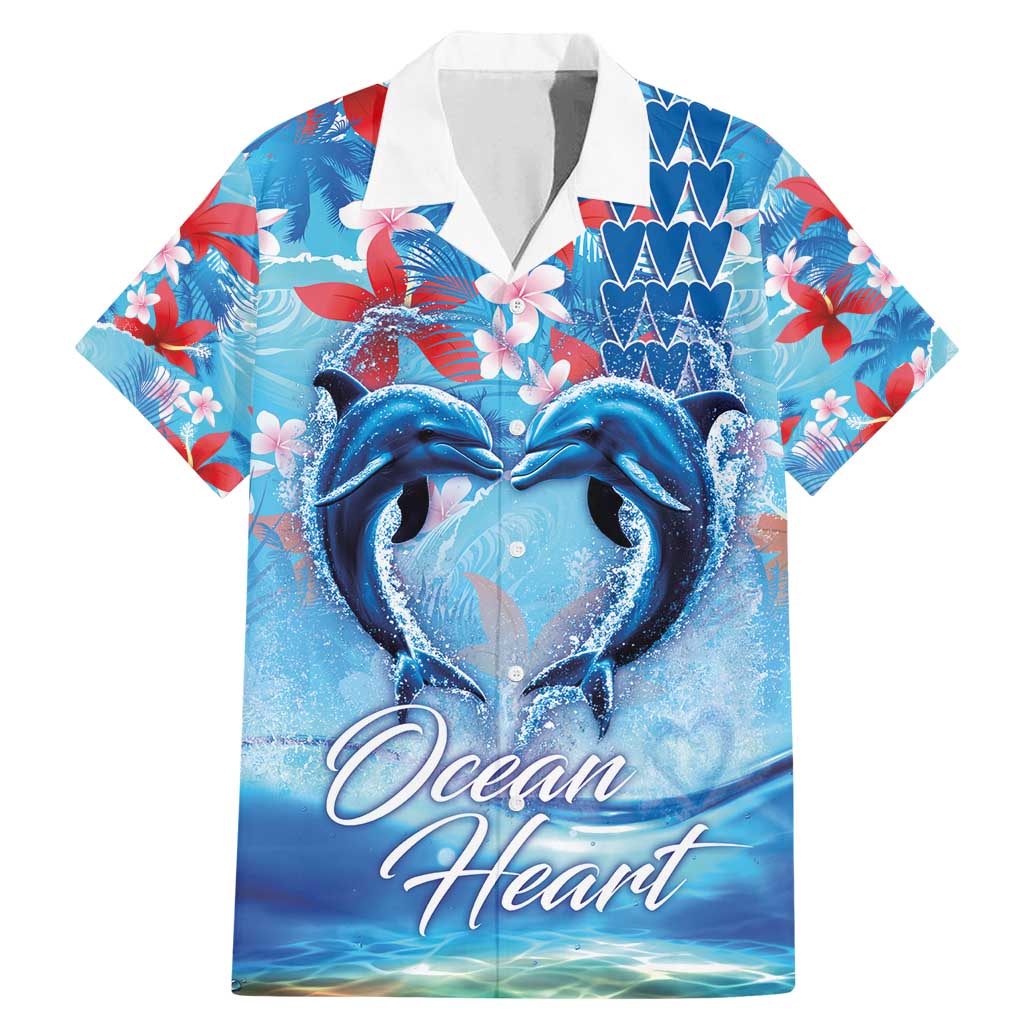 Hawaiian Dolphin Love Couple - Ocean Heart Family Matching Mermaid Dress and Hawaiian Shirt LT03 Dad's Shirt - Short Sleeve Blue - Polynesian Pride
