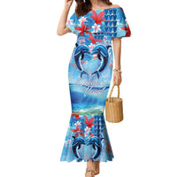 Hawaiian Dolphin Love Couple - Ocean Heart Family Matching Mermaid Dress and Hawaiian Shirt LT03 Mom's Dress Blue - Polynesian Pride